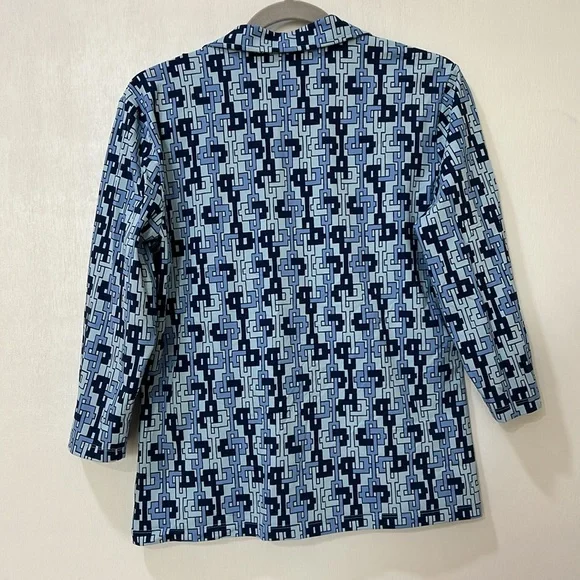 J.cMLAUGLIN GEOMETRIC BLOUSE WOMEN STRETCHY ELBOW SLEEVE BLUE Sz LARGE - Picture 2 of 12